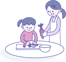 イラスト、料理をする子どもと女性スタッフ